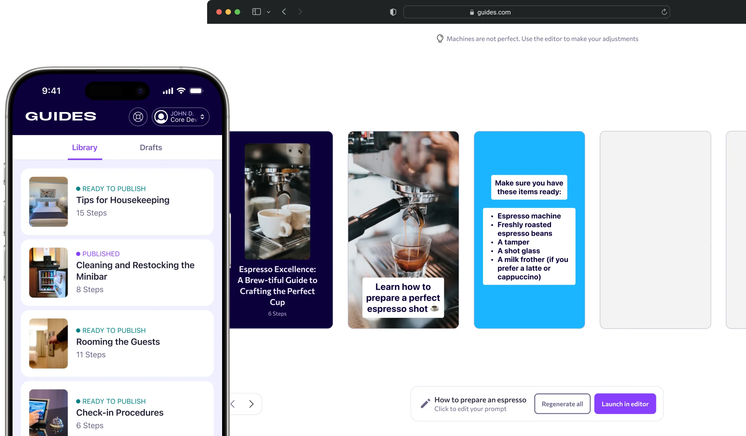 Screenshots from Guides mobile app and web app